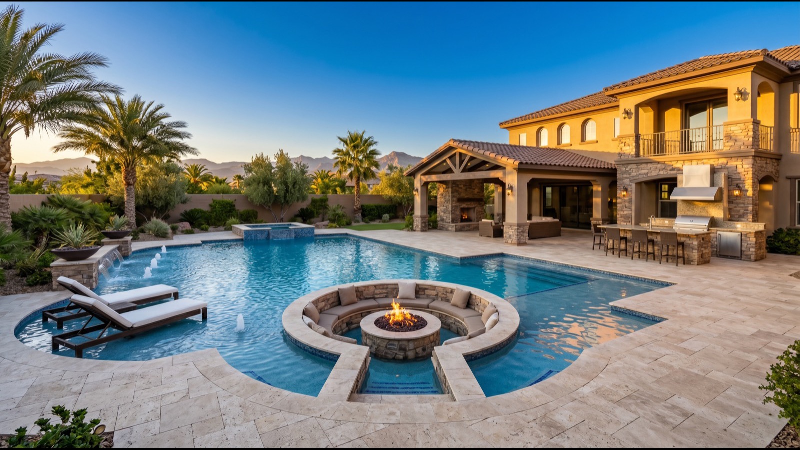 Silverstone Ranch upgraded 2005-2008 single-story home with pool deck stucco façade and Mediterranean architectural detail backing the Silverstone Golf Club fairway